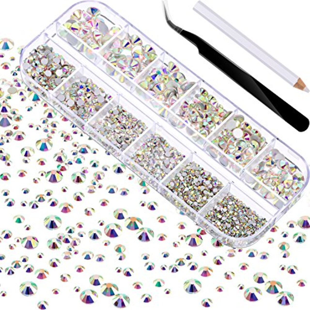 2000 Pieces Flat Back Gems Round Crystal Rhinestones 6 Sizes (1.5-6 mm) with Pick Up Tweezer and Rhinestones Picking Pen for Crafts Nail Face Art Clothes Shoes Bags DIY (Crystal AB)